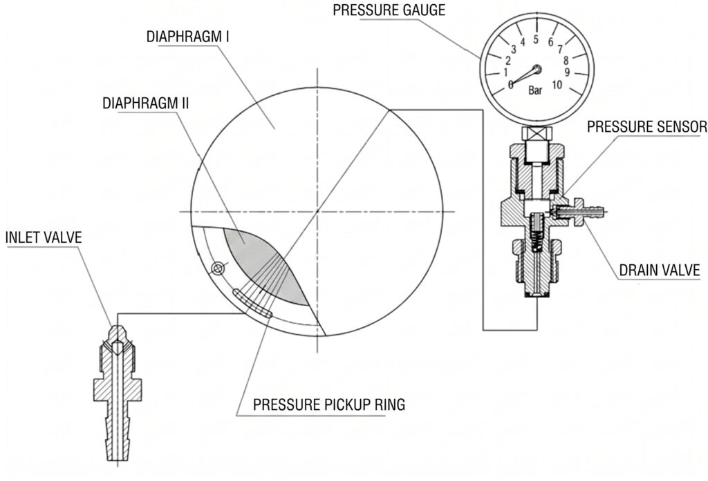 Concept of a diaphragm rupture detection system for hydraulic diaphragm dosing pump.